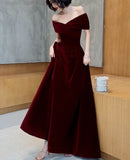 Supernfb Spring Long Luxury Elegant Wine Red Soft Velvet Evening Party Wedding Dresses for Women Off Shoulder Maxi Dress