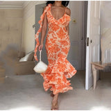 Elegant Sleeveless Slip Long Dress Women Floral V-neck Backless Ruffle Dresses Summer Fashion Slim Print Female Vestidos