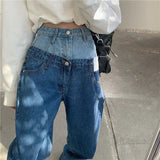 supernfb Stylish Fake Two Piece Jeans Women Patchwork Daddy Pants Female Baggy Jeans American Fashion Vintage Denim Pants Trousers Street