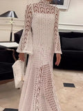 Supernfb Women Sexy Hollowed Out O-neck Maxi Dress Fashion Solid Backless Long Sleeved Robe Autumn Female Elegant Chic Streetwear