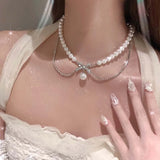 Supernfb Tavimart New Fashion Zircon Bowknot Pearl Necklace for Women Shiny Rhinestone Double Layer Chain Necklace Wedding Party Jewelry Gift