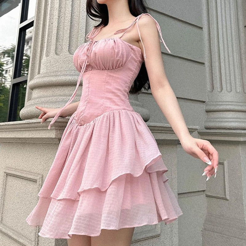 Supernfb Spaghetti Strap Dress Summer High Waist Thin A-line Sweet Short Dresses for Women Vintage Pink Party Dress Clothing