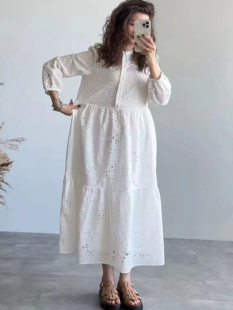 Supernfb Women Cutout Dress Summer White Embroidered Elegant Party Dress Casual Vintage Chic Long Sleeve Ladies Loose Long Dress