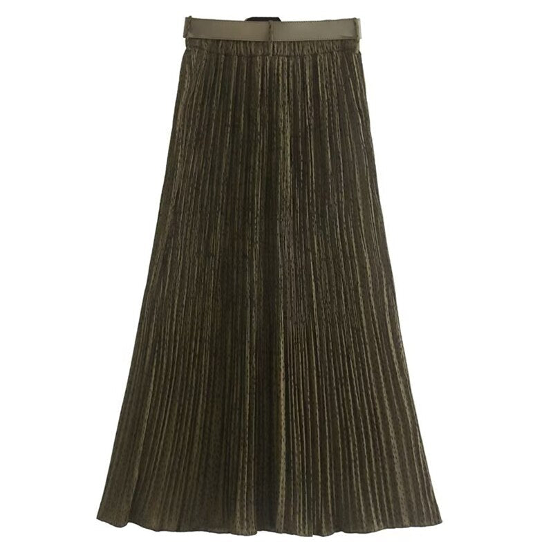 Supernfb Fashion Skirts Office Lady Printing Pleated Midi Skirts With Belt