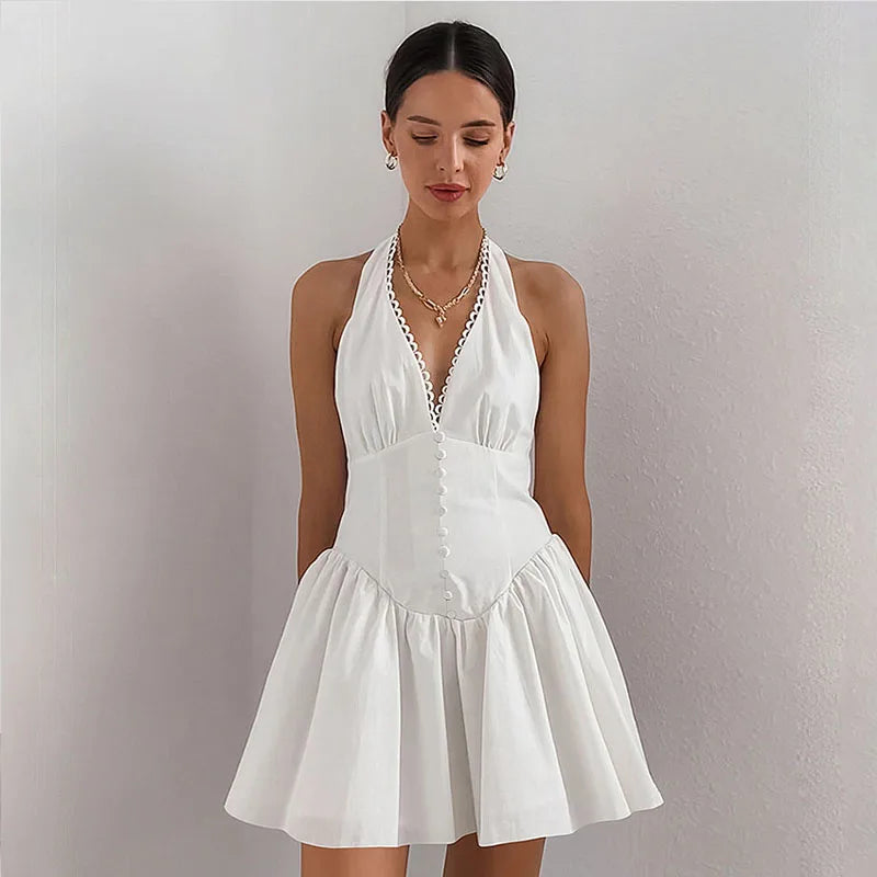 Supernfb New White Lace Cotton Halter Neck Backless Dress Slim V-Neck Foreign Trade High-end Women's Clothing