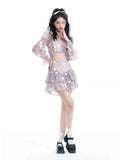 supernfb Women Purple Blouse+cake Dress 2 Piece Set Summer Elegant Mesh Long Sleeve Crop Top Y2k Suit Korean Sweet Mini Skirt Suit