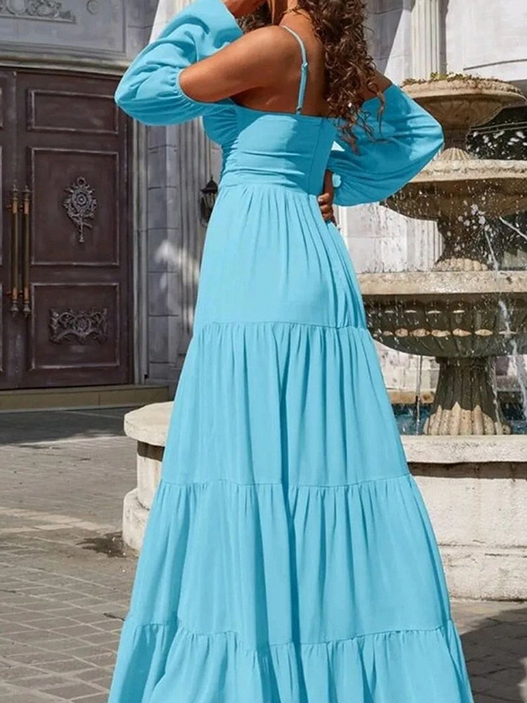 Supernfb Sexy Solid Slash neck Long Dress  Autumn Boho Women Dress Casual Elegant Camisole  Holiday French Maxi Dress A2181
