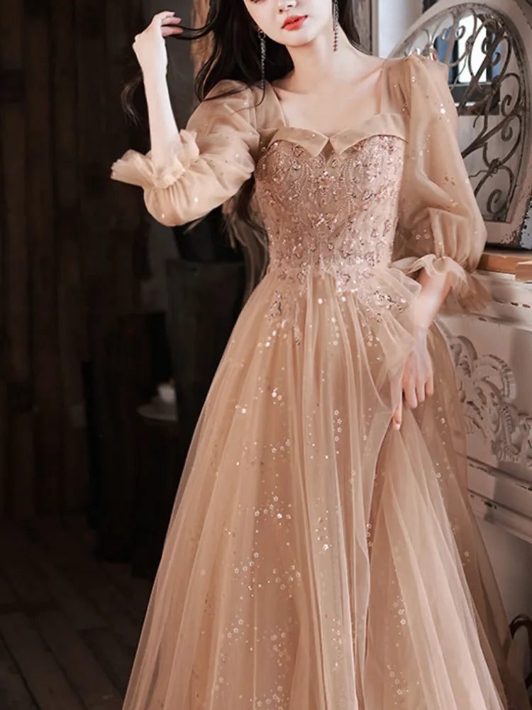 Spring Summer Party Dress Square Collar Long Puff Sleeve Evening Dress Sequined Appliques Mesh Tiered Design Prom Vestidos