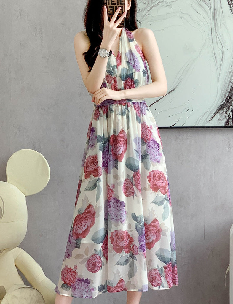 Supernfb Elegant Women Floral Print Halter Sleeveless Chiffon Waisted Dress Office Ladies Midi Dresses Vestidos Summer DS111