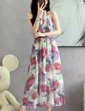 Supernfb Elegant Women Floral Print Halter Sleeveless Chiffon Waisted Dress Office Ladies Midi Dresses Vestidos Summer DS111