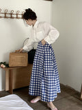 Supernfb Korean Vintage Plaid Long Skirt Women Autumn  Chic Elegant Loose Blue Check Cottagecore High Waist A-line Midi Skirt