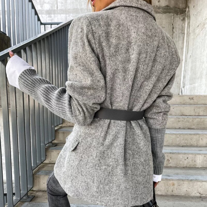 Supernfb Elegant Office Lady Commute Retro Overcoat Women Winter Single-Breasted Woolen Coat Fashion Patchwork Knitted Long Sleeve Jacket
