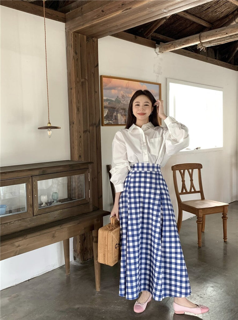Supernfb Korean Vintage Plaid Long Skirt Women Autumn  Chic Elegant Loose Blue Check Cottagecore High Waist A-line Midi Skirt