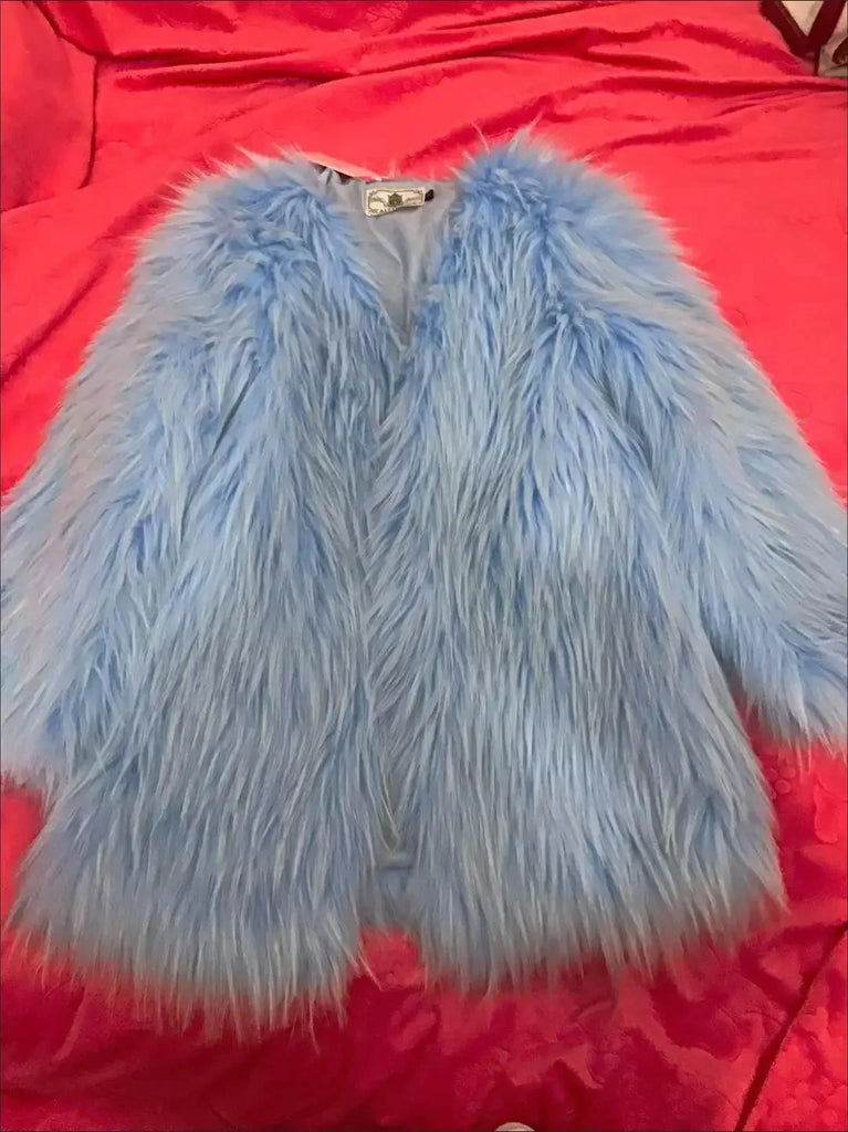 Supernfb Super Hot Women's Winter Fluffy Jacket Coats Elegant Blue Faux Fur Coats Female Long Sleeve Thick Warm Outerwears Lady Oversize