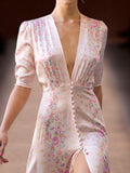 Supernfb High Quality Runway Designer Dress Women Elegant V-neck Pink Floral Printed Maxi Dress  Summer Robe Longue