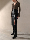 Supernfb Autumn Winter Women Sexy Midi Leather Skirts Solid Black High Waist Office Pencil Slit Skirt For Women