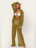 Supernfb Sexy 2 pcs Solid Color Tops Pants Suit Casual Autumn Clothes Woman Long Sleeves Top Bottoms Full Length Pants Beach Wear A1780