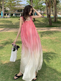 supernfb Women Summer Fashion Gradient Color Pink Bohemian Casual Long Dress Lady Chic Flower Appliques Relax Fit Robes Vestidos