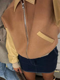 New Lapel Contrast Color Panel Jacket Coat Women Long Sleeved Zipper Pocket Coat Autumn Fashion Female High Street Outwears