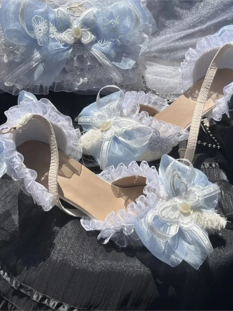 Supernfb Tavimart Sweet Lolita Retro Court Style Cosplay Cute Loli Flower Wedding Girl Pearl Ribbon Butterfly Lace 8cm Pink Blue High Heeled Shoes