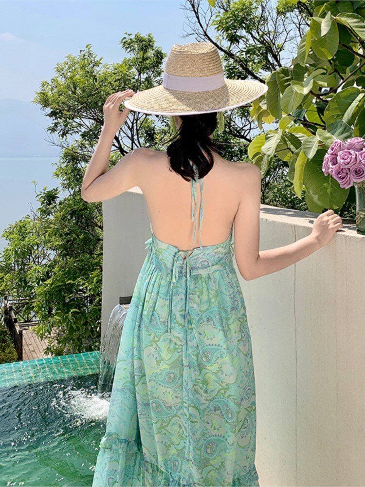 Supernfb Maxi Bohemian Dresses Woman Summer Green Strappy Sundress Female Fashion Casual Long Beach Sundress Chic Printed Boho Dress