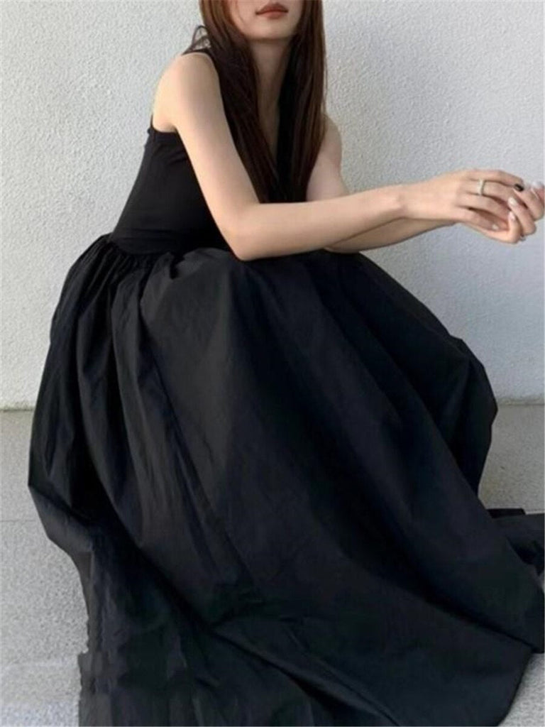 Black Long Tank Dress Women Spring Summer O Neck Floor-length Office Lady Casual Pockets Dresses  New Female Clothing