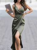 Supernfb Chicme Women Spaghetti Strap Split Thigh Folds Party Dress New Femme Evening Solid V-Neck Skinny Midi Outfits Robe Clothing