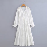 Supernfb Beach Wear Lace Robe Long Sleeve Maxi Dresses for Women Vintage Cotton Embroidery Dress Summer Casual Vestidos