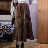 Supernfb Grunge Fairycore Skirt Brown Velvet Tiered Ruffled Straight Midi Skirt Y2K Aesthetic Women E-girl Outfit
