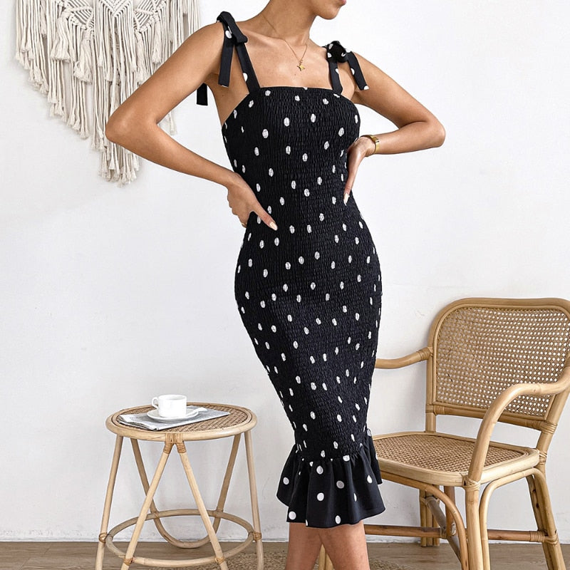 Supernfb Elegant Dot Print Dress for Women's Summer Dresses New Skinny Elastic High Waist Sexy Bow Ruffle Midi Strap Dress