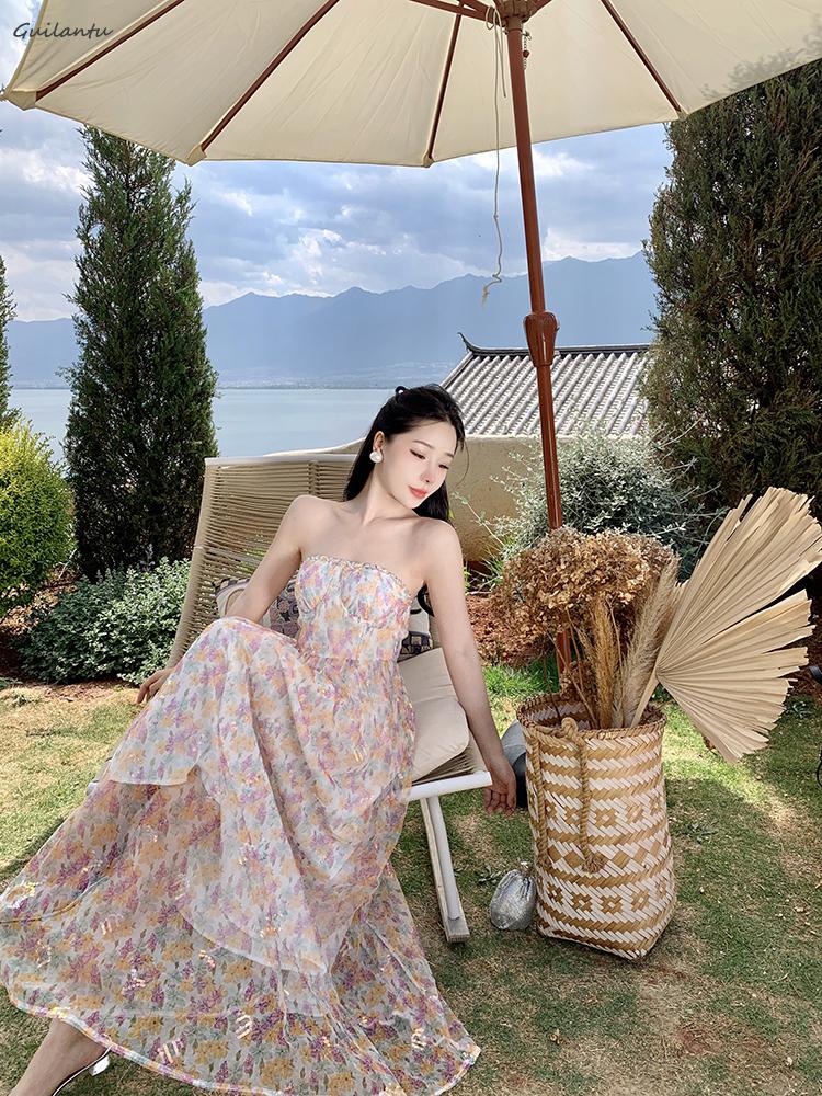 Supernfb Korean Style Elegant Evening Party Fairy Dress Summer Strapless Sleeveless Off The Shoulder Long Dress Backless Beach Maxi Dress