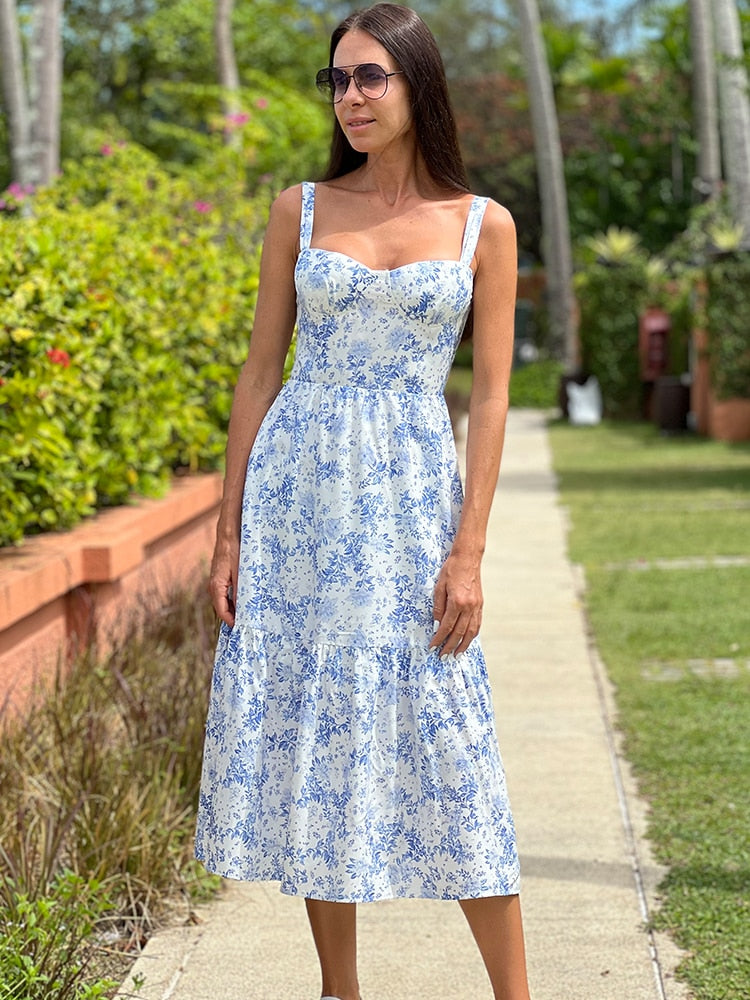 Supernfb Summer Spaghetti Strap Midi Dress Elegant Casual Floral Print Holiday Party Dress with Pocket Women's Clothing