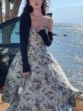 Casual Elegant Floral Strap Dress French Vintage Midi Dress Women Party Even Office Lady Slim One Piece Dress Korean Summer