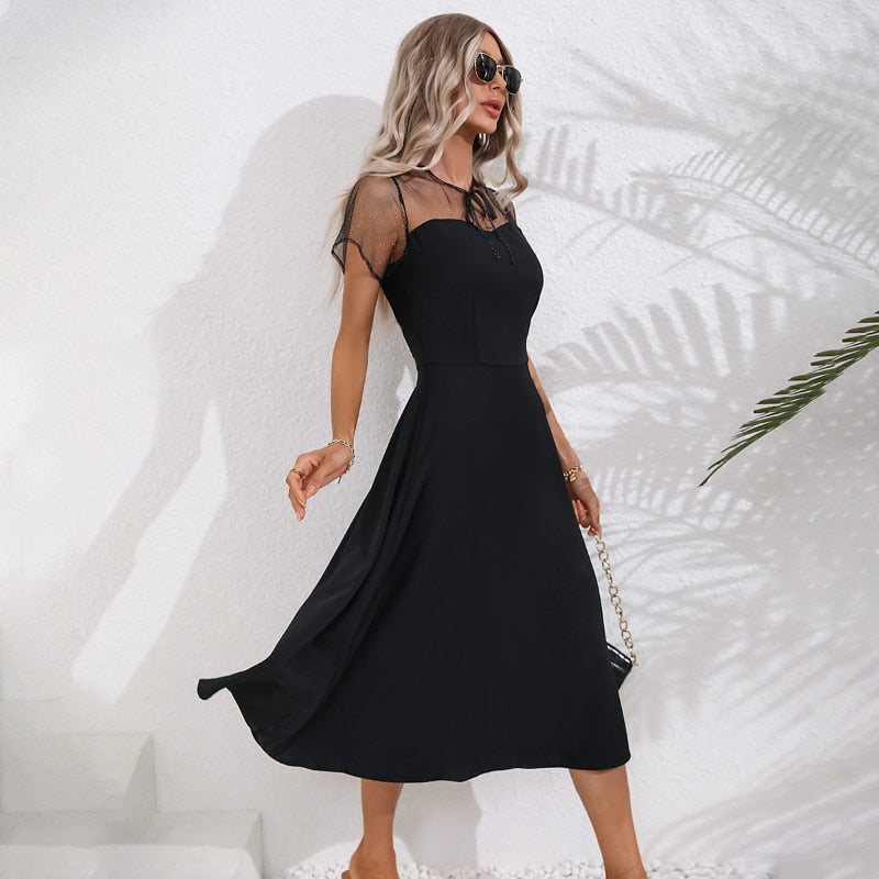 Supernfb Elegant Fashion Women's Summer Dresses with zipper Mesh Vintage Solid High Waist Swing Midi Strap Dress for Women