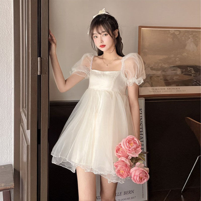 Supernfb Summer Sexy Party Dress Women French Style Princess Sweet Kawaii Mini Dress Puff Sleeve Casual Office Elegant Dresses for Women