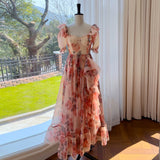 Supernfb Runway Designer Elegant Ruffles Floral Printed Long Dresses for Women Summer Vintage Puff Sleeve Chiffon Maxi Dress