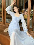 Supernfb Elegant Women Chiffon Casual Slim Square Collar Dress Korean Female Full Sleeve Waisted Maxi Dresses Vestidos  Summer DS100