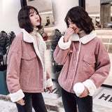 Supernfb Vintage Women Corduroy Parkas Pink Winter Thick Warm Hairy Short Jacket Loose All Match Korean Female Casual Coats