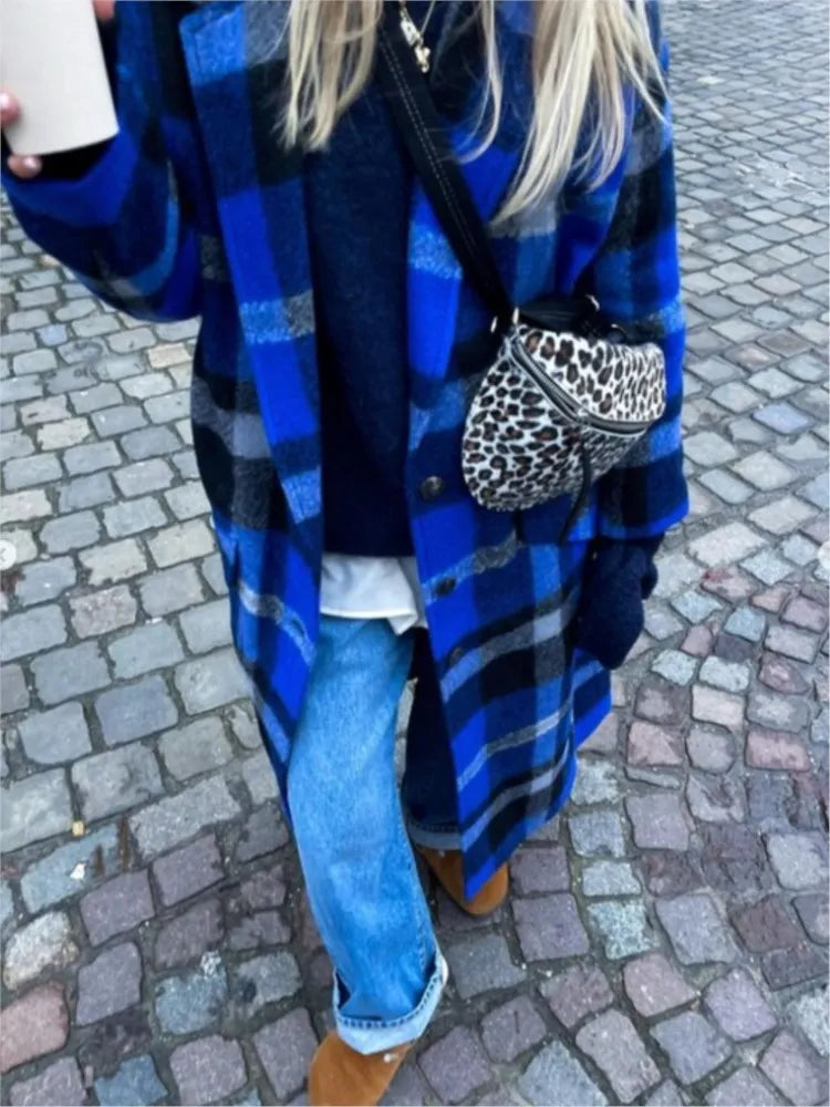 Blue Plaid Long Overcoat For Women Full Sleeve Single Breasted Cotton Pocket Coats Jacket Winter Fashion Female Outerwear