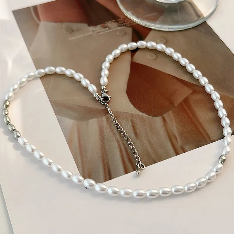 Supernfb Tavimart Fashion Metallic Simple Oval Pearl Choker Necklace For Women Bridal Wedding Party Jewelry