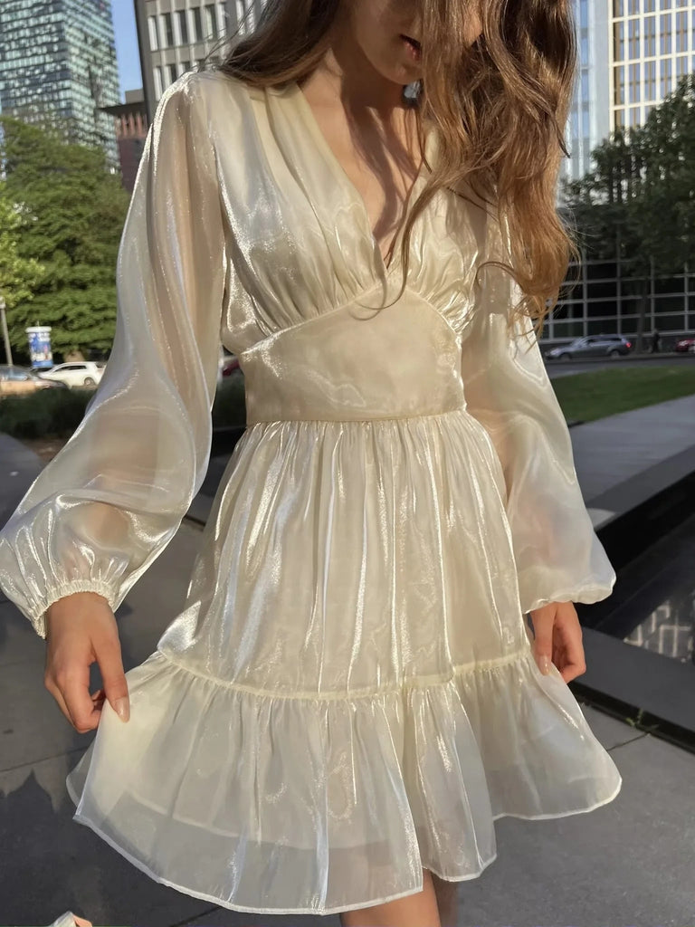 Supernfb Elegant Party Mini Dress Women French Style Retro V-neck Collect Waist Solid Fashion Chiffon Dress