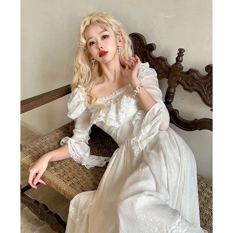 Supernfb Spring Long Sleeve White Square Collar Party Dress Female Puff Sleeve Lace Midi Princess Dress Female High Waist Holiday Dress