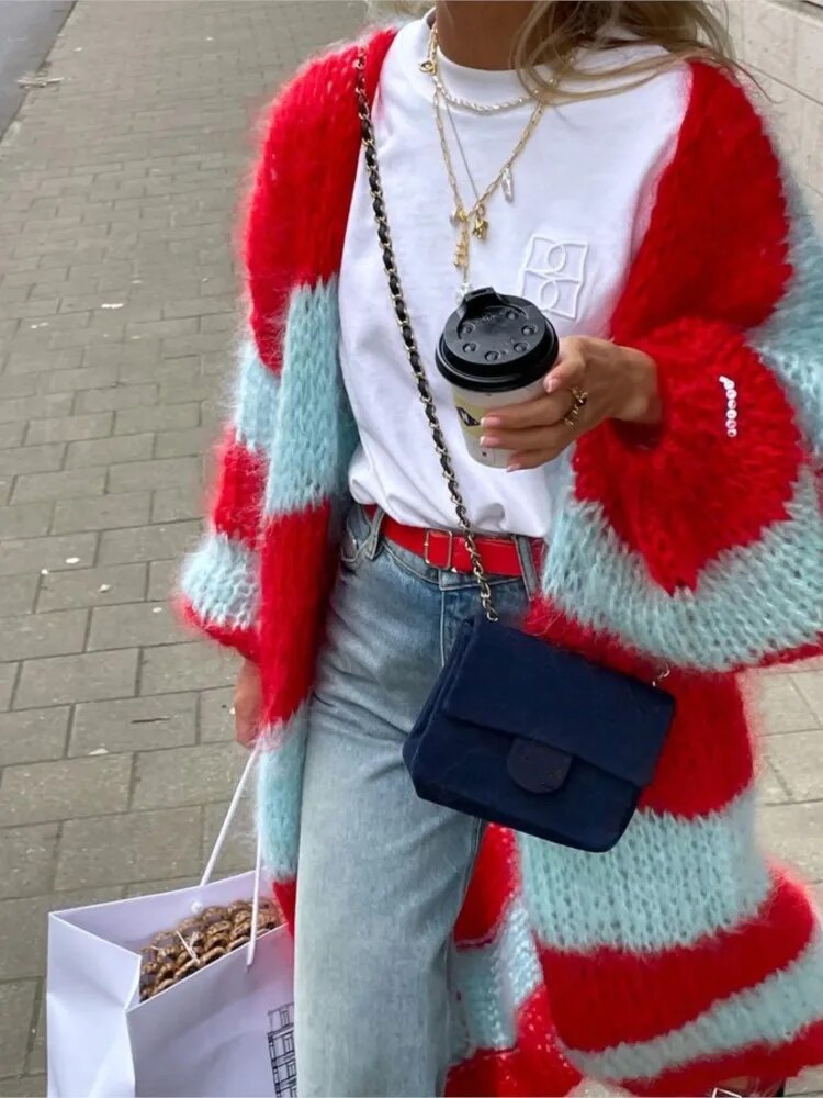 Supernfb Chic Contrast Color Fur Knit Long Coat Women Long Sleeve Thicken Warm Cardigan Jacket Winter Fashion Female Street Outwears