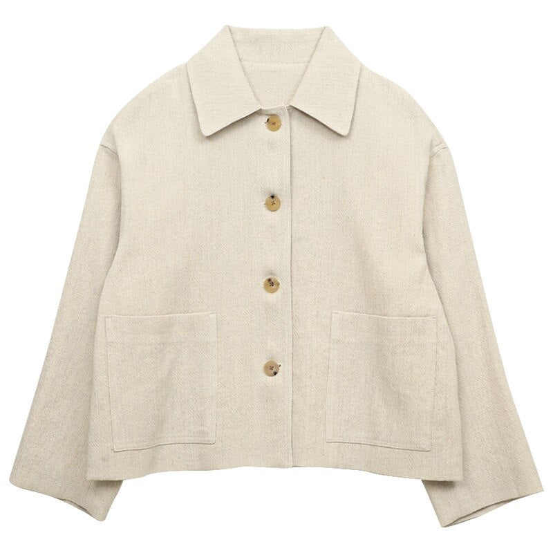 Supernfb Retro Cotton Linen Women's Short Coat Autumn And Winter Korean Harajuku Turndown Collar Button Jacket For Women Clothing