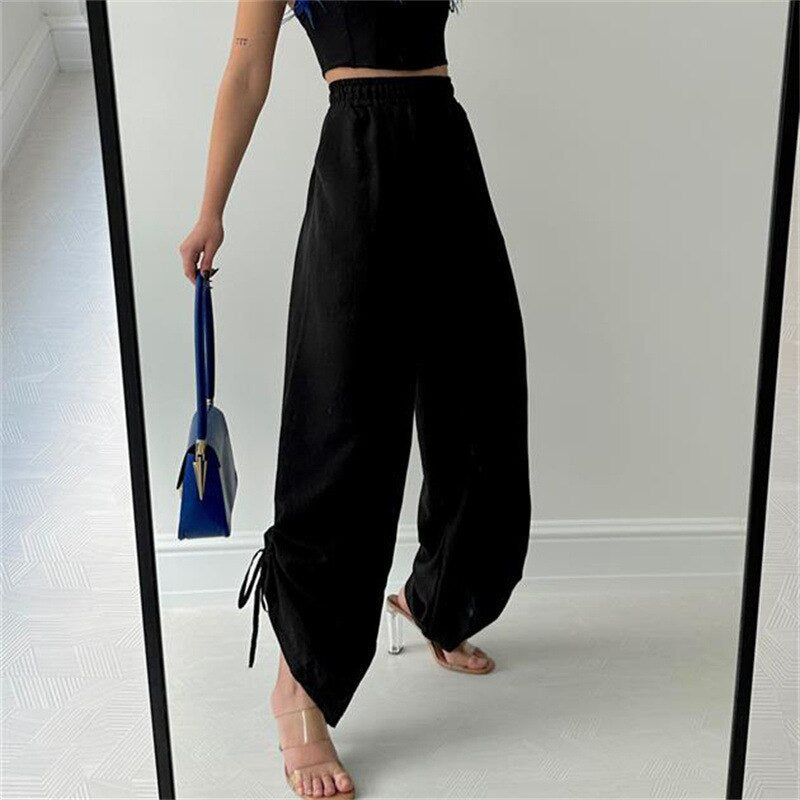 Supernfb Casual Drawstring Pants For Women Streetwear Fashion High Waist Summer Joggers Loose Long Baggy Trousers  New Outwear
