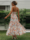 Supernfb Print Temperament Hanging Neck Lacing Splice Big Swing Long Dress For Women  Sexy Backless Party Dresses A2685