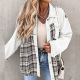 Supernfb Casual Button Turn-Down Collar Shirt Coat Top Women Fashion Commute Cardigan Coats Denim Jacket With Long Sleeve Plaid Patchwork