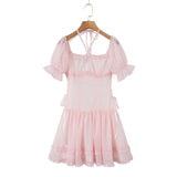High Quality Women Short Sleeve Halter Ruffled Solid Color Lace A-line Dress