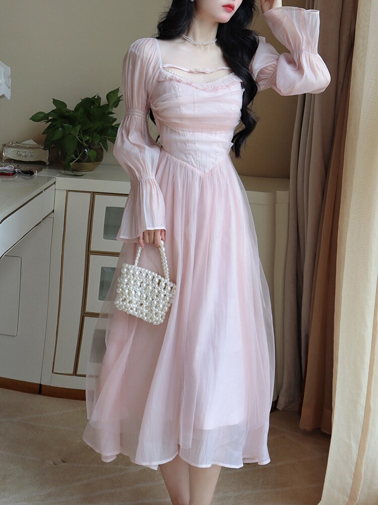 Supernfb Elegant Evening Party Midi Dress Women Bubble Sleeve French Vintage Sweet Dress Female Pink Korean Style Fairy Dress Autumn