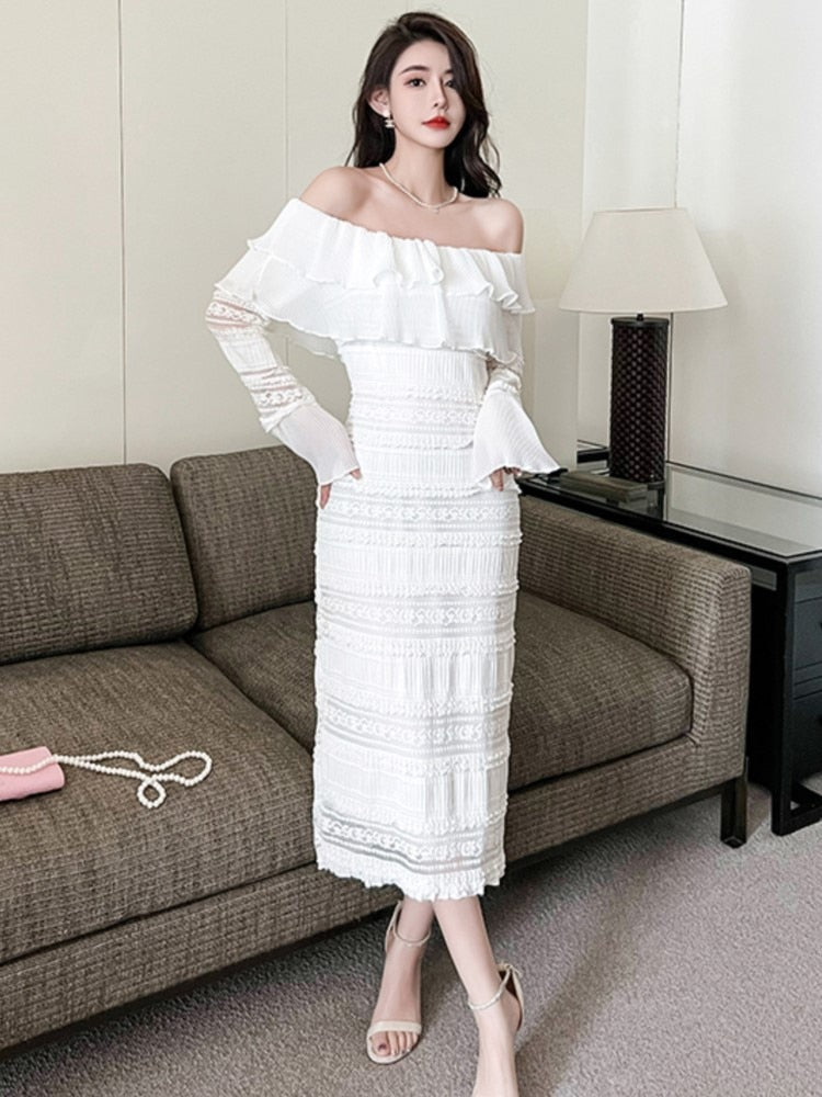 Supernfb White Dress For Women Summer New  Fashion Party Prom Off Shoulder Vestidos Office Lady Elegant Korean Dresses Slim Clothes
